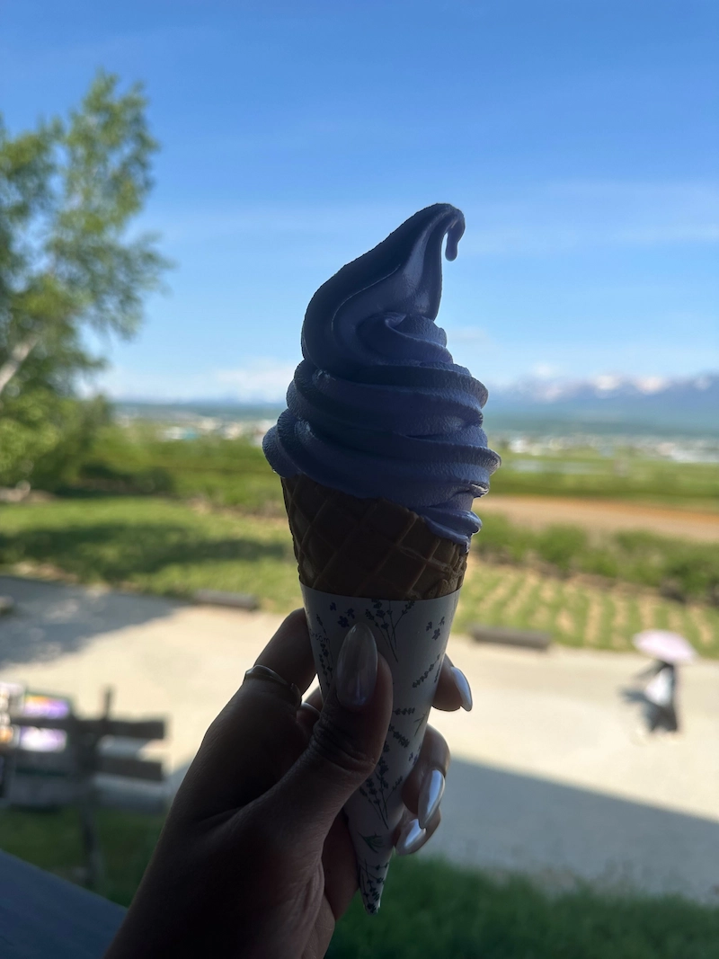 Lavender flavored soft serve held by a hand