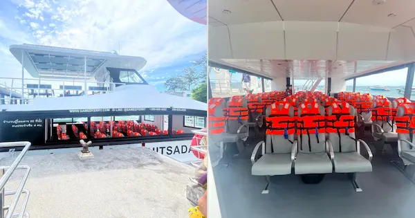 Interior of a speedboat with orange lifejackets on the seats, ready for passengers to Koh Samet.