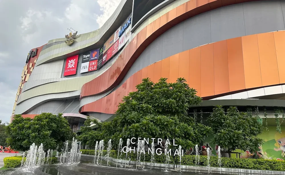 a photo taken outside Central Festival with the mall's fountains