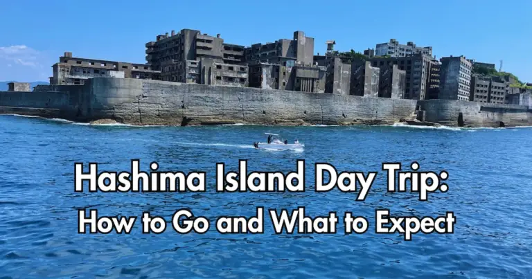 The iconic silhouette of the abandoned Hashima Island, also known as Gunkanjima, seen from the tour boat on a bright, sunny day.