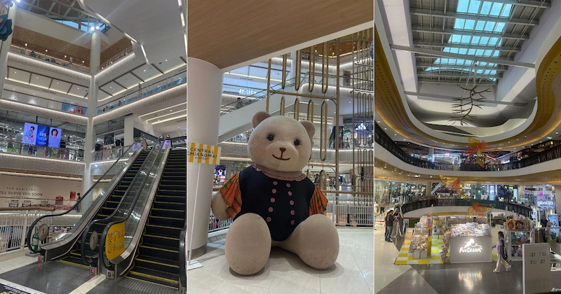 Photos taken inside the mall with one of the escalators, a huge stuffed bear, and the different levels