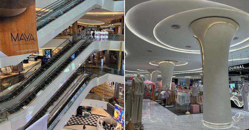 Photo taken inside Maya mall, showing the escalators and the shopping stalls around