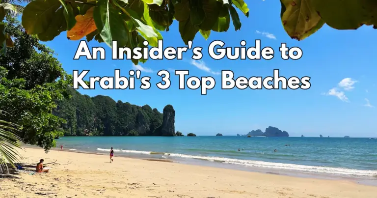 A stunning photo of a Krabi beach with turquoise water and limestone cliffs, with the text "An Insider's Guide to Krabi's 3 Top Beaches" overlaid.