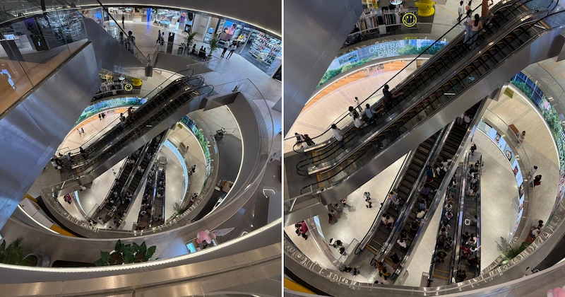 A collage showing the spectacular top-down view into the main atrium of Dusit Central Park. The photos emphasize the futuristic, overlapping design of the long escalators.