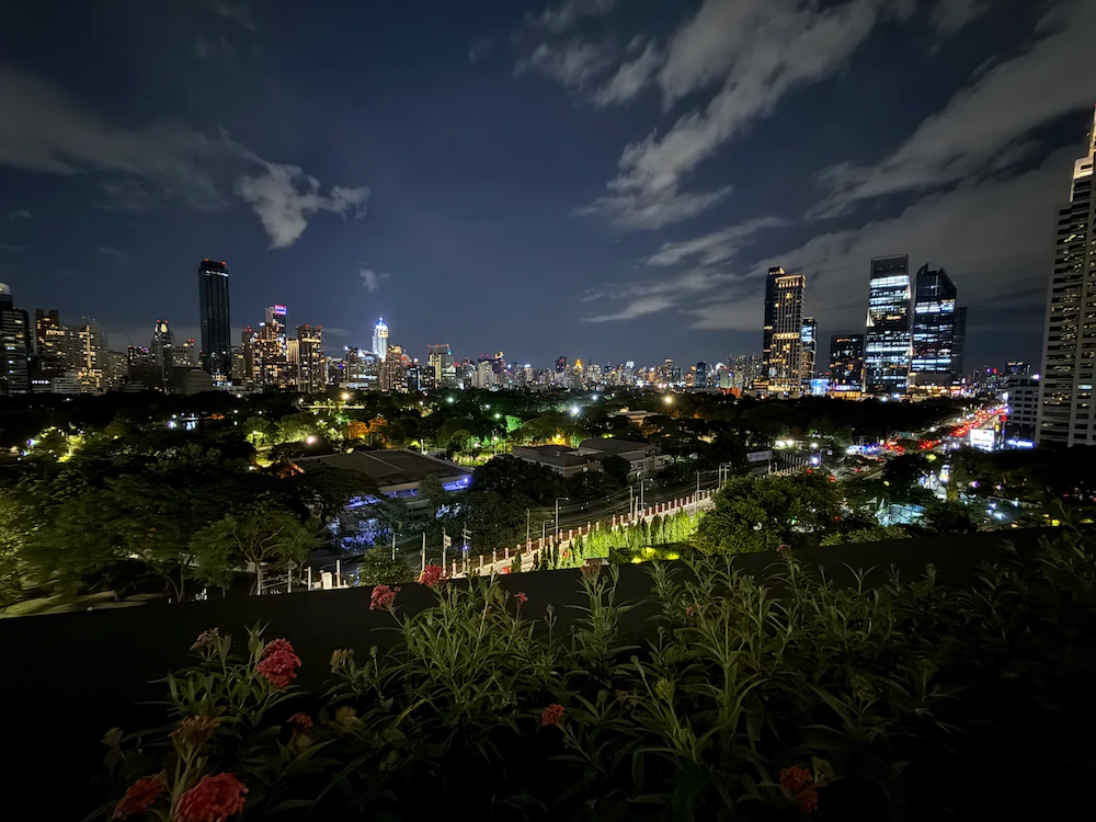 A stunning nighttime panorama of the Bangkok skyline as seen from the rooftop park of Dusit Central Park. Pink flowers are in the foreground, with the lush, green Lumpini Park and illuminated city lights in the background.
