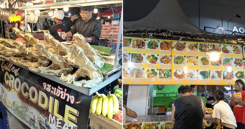 A collage of unique street food in Krabi, featuring a stall selling grilled crocodile meat and another stall with a large picture menu of classic Thai dishes.