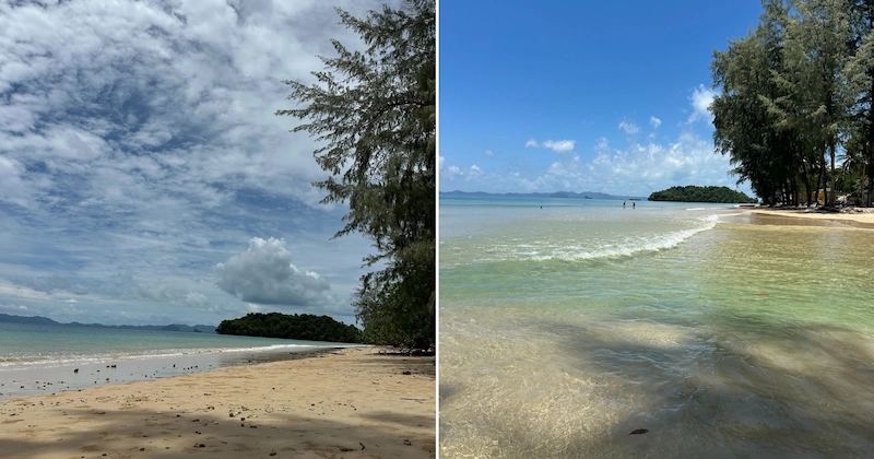 A collage of the beautiful and quiet Klong Muang Beach, showcasing its wide sandy shore and calm, clear waters perfect for swimming.