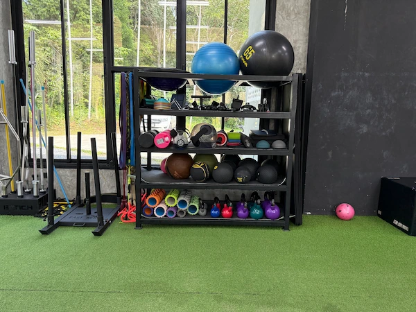 A functional fitness area at Get Well Fitness gym with green artificial turf. A black shelving unit is filled with various workout accessories, including stability balls, medicine balls, kettlebells, foam rollers, and resistance bands. To the left of the shelf, there are two sleds for push/pull exercises.
