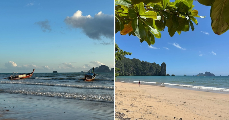 A two-panel image from a long-tail boat ride in Krabi, showing the iconic towering limestone karsts rising from the emerald-green sea.