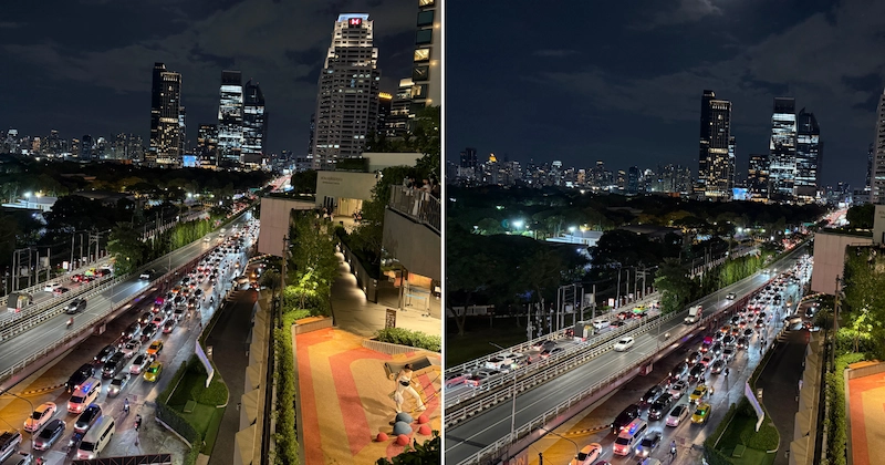 A two-panel image of the bustling traffic on the road below Dusit Central Park at night. The view also shows a colorful children's play area on an outdoor terrace of the mall.