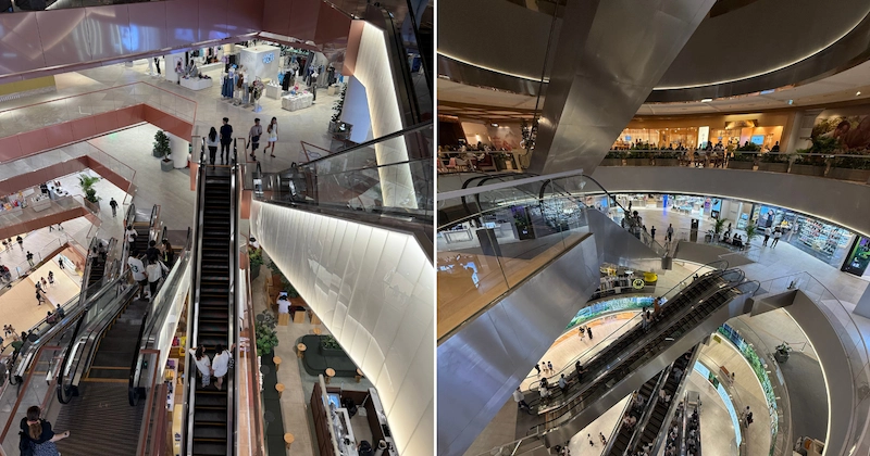 A collage of two photos capturing the unique, multi-level design of Dusit Central Park's interior. The images highlight the dramatic, crisscrossing escalators that cut through the central atrium.