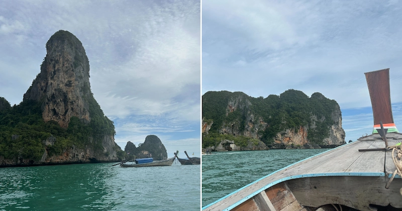 A two-panel image from a long-tail boat ride in Krabi, showing the iconic towering limestone karsts rising from the emerald-green sea.