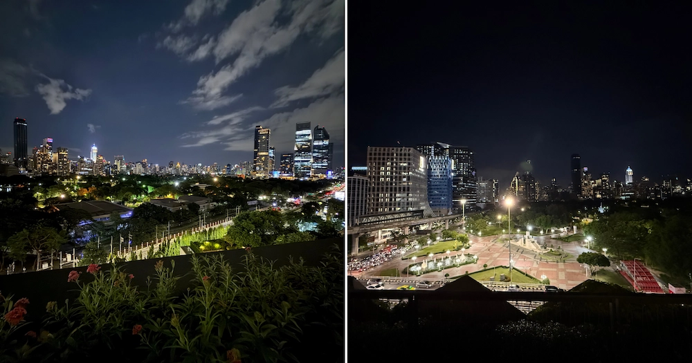 A two-panel collage showcasing the beautiful night views from Dusit Central Park. The left panel shows the city skyline over the rooftop garden, and the right panel shows the view overlooking Lumpini Park.