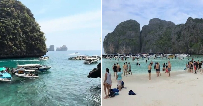 A before-and-after style collage showing a beautiful bay first filled with tour boats, then a beach packed shoulder-to-shoulder with tourists, illustrating overcrowding.