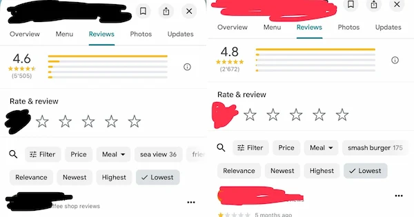 Screenshots from Google Maps showing two Krabi businesses with suspiciously high ratings of 4.6 and 4.8 stars from thousands of reviews.