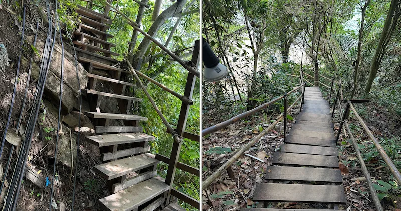 A split image showing two angles of the steep and rickety-looking wooden steps on the Monkey Trail hike in Krabi.
