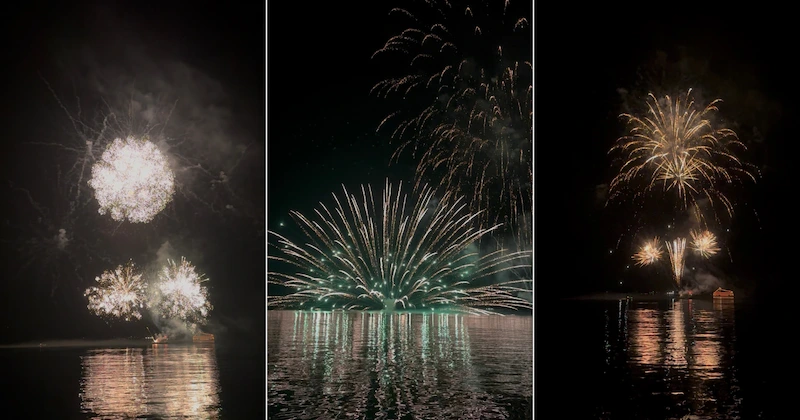 A collage of colorful fireworks exploding over Lake Toya during the nightly summer display, reflecting beautifully on the dark water.