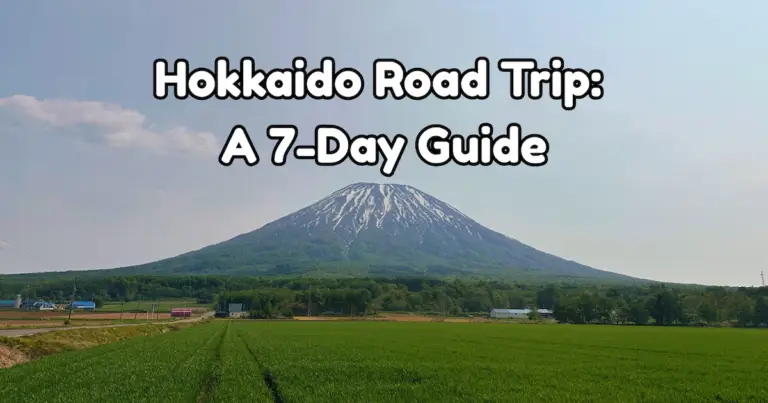 A scenic view of the cone-shaped Mt. Yotei rising above green fields, with a text overlay reading "Hokkaido Road Trip: A 7-Day Guide."
