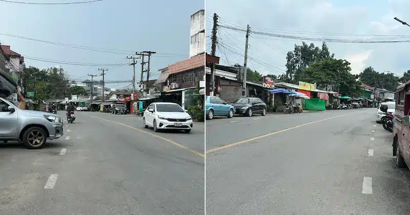 A split image showing the street atmosphere and traffic on Kampangdin Road in the Changklan district, helping readers recognize the neighborhood.