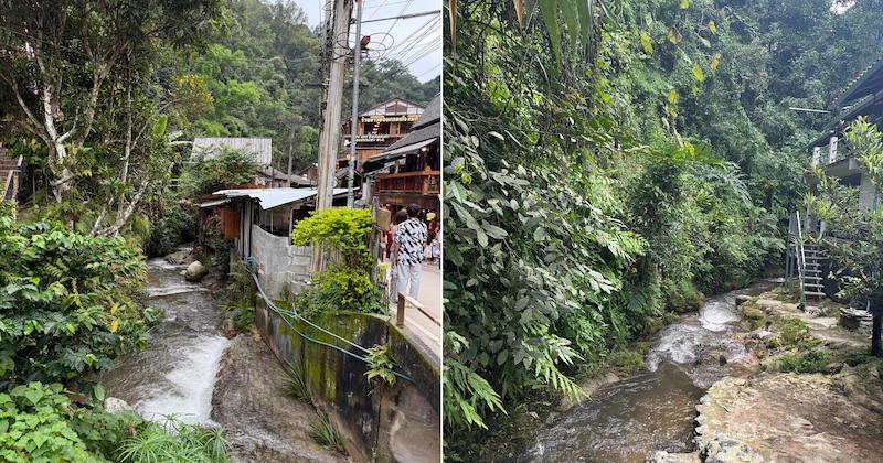 A split image showing the natural stream flowing through Mae Kampong village, bordered by mossy rocks and traditional houses.