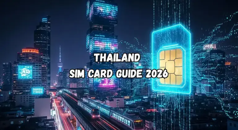Futuristic illustration of a glowing digital SIM card floating over a neon-lit Bangkok skyline with a skytrain, representing high-speed mobile data connectivity in Thailand for 2026.