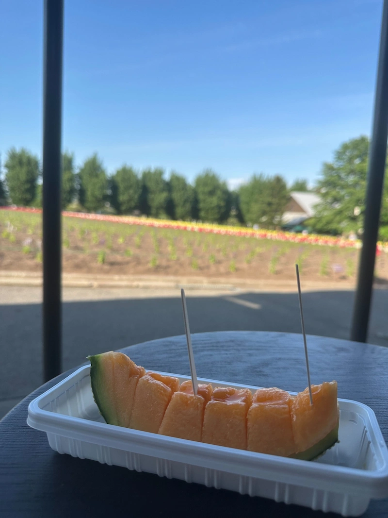 A juicy slice of fresh orange Hokkaido melon served on a tray with the blurred flower fields of Farm Tomita in the background.