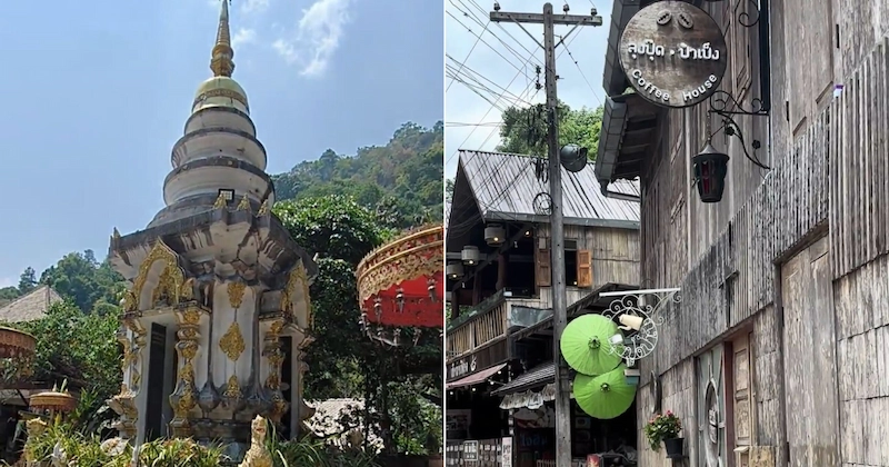 The golden chedi of Wat Mae Kampong (Kanta Prueksa Temple) rising against a blue sky, surrounded by the dense jungle of the village.