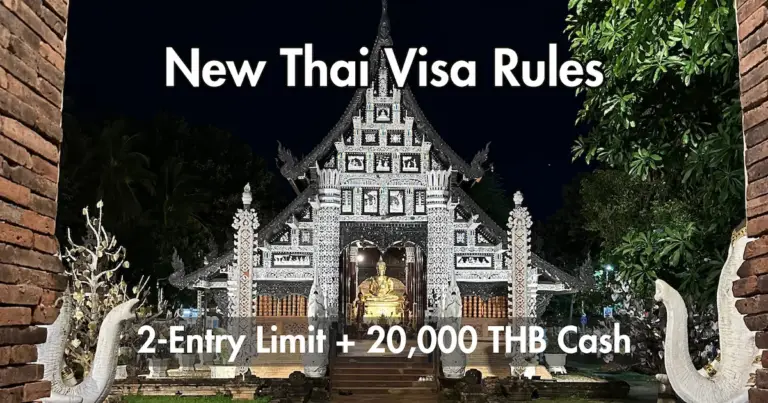 Illuminated Thai temple at night with text highlighting New Thailand Visa Rules 2026, the 2-Entry Limit, and the 20,000 THB Cash requirement.