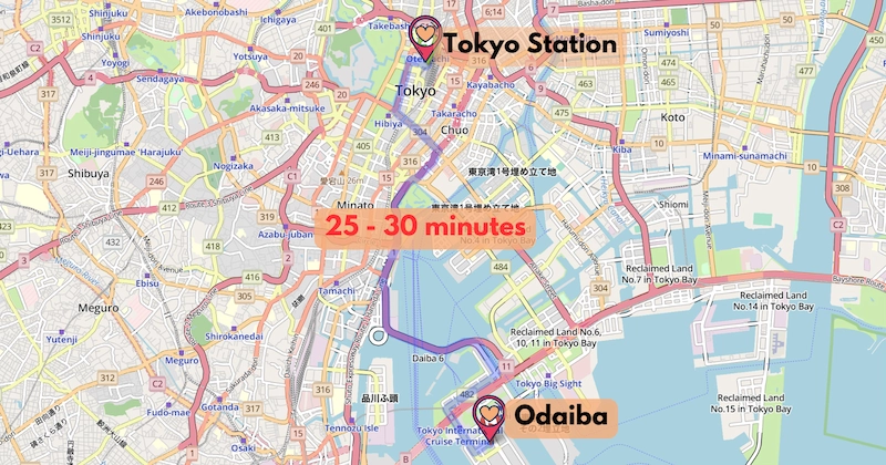 A travel map showing the 25-minute transit time between Tokyo Station and Odaiba.
