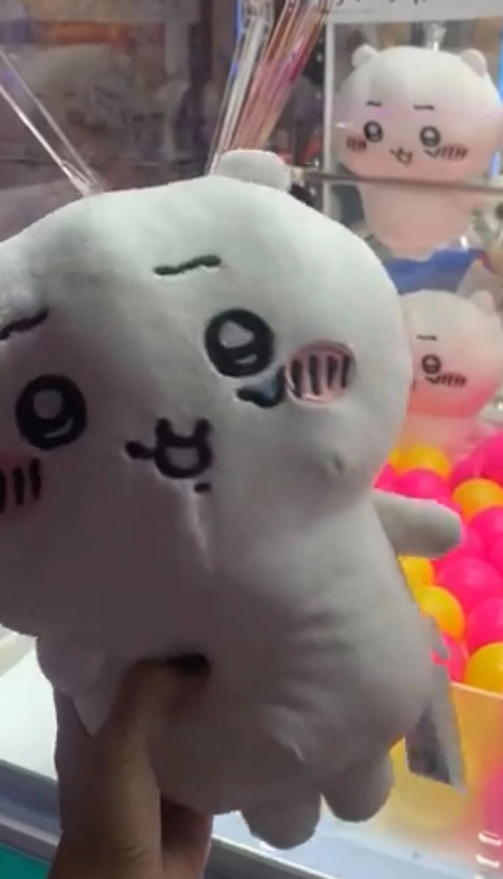 A traveler holding a white plushie won from a SEGA claw machine at Tokyo Joypolis.