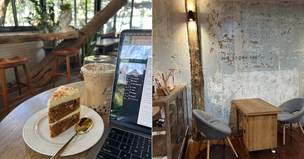 A composite photo showing a slice of carrot cake and bubble tea next to a laptop, paired with a minimalist wooden workspace in a rustic-style cafe.