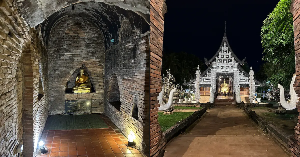 A side-by-side view showing a golden Buddha inside a brick tunnel at Wat Umong and a brightly lit white temple entrance at night.