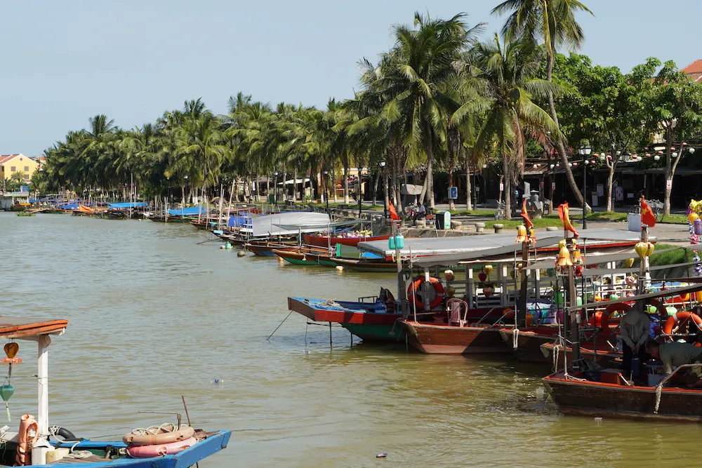 Colorful wooden tourist boats moored along the palm-lined Thu Bon River promenade in Hoi An