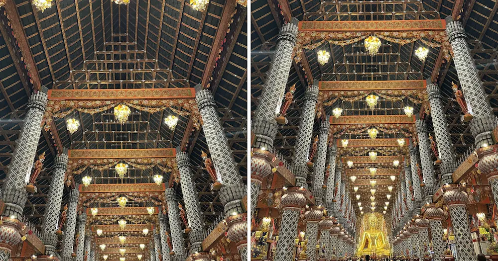 Two views of Wat Sri Don Moon's main hall, with rows of chandeliers and mirror-tiled pillars leading to the golden Buddha